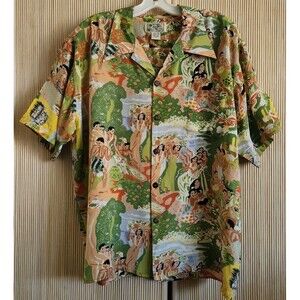 Avanti Men's Silk Aloha Shirt Size Medium Eugene Savage Island Feast Hawaii EUC